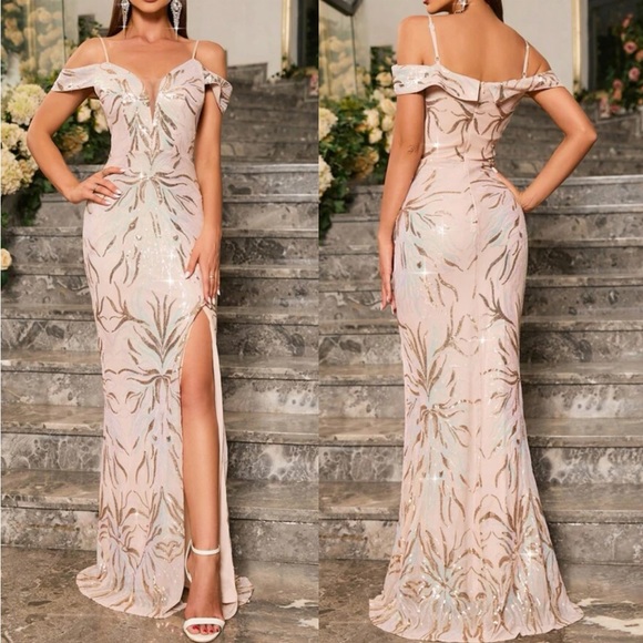 Luxe cold shoulder slit thigh party formal dress - Picture 1 of 8